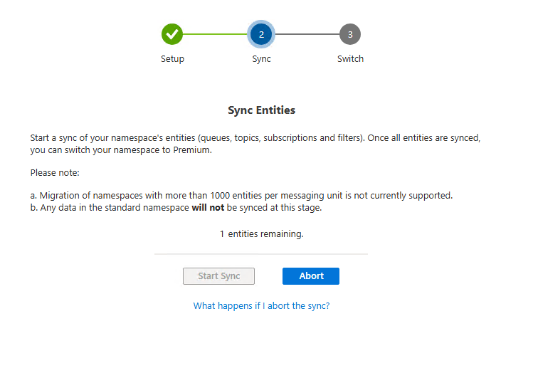 Azure service bus migration to premium stuck on sync step